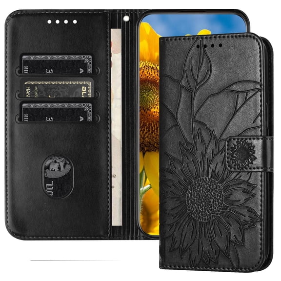 Dteck Magnetic Wallet Case for iPhone 15 Pro,Flower Pattern Leather Case Built-in Card Slots Shockproof Kickstand Cover for iPhone 15 Pro,Black
