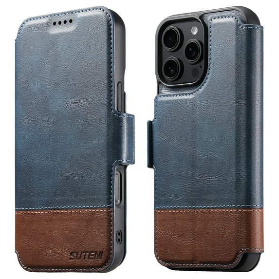 Dteck Magnetic Wallet Case for iPhone 15 Pro, Shockproof PU Leather TPU Wireless Charging Card & Cash Slots Anti-Scratch Rugged Protection Case, Blue