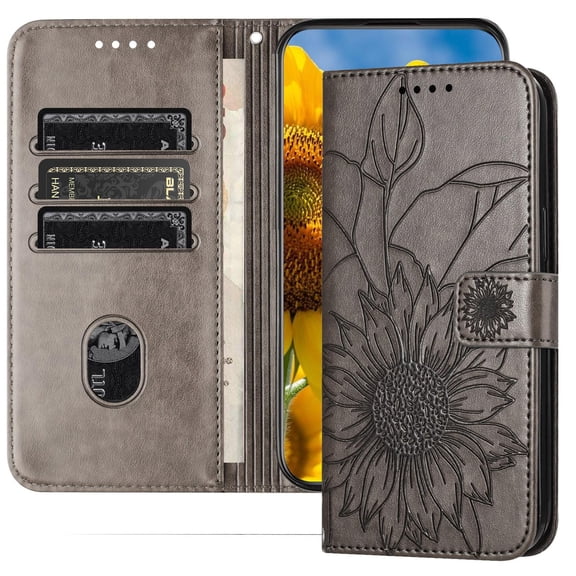 Dteck Magnetic Wallet Case for iPhone 16,Flower Pattern Leather Case Built-in Card Slots Shockproof Kickstand Cover for iPhone 16,Gray