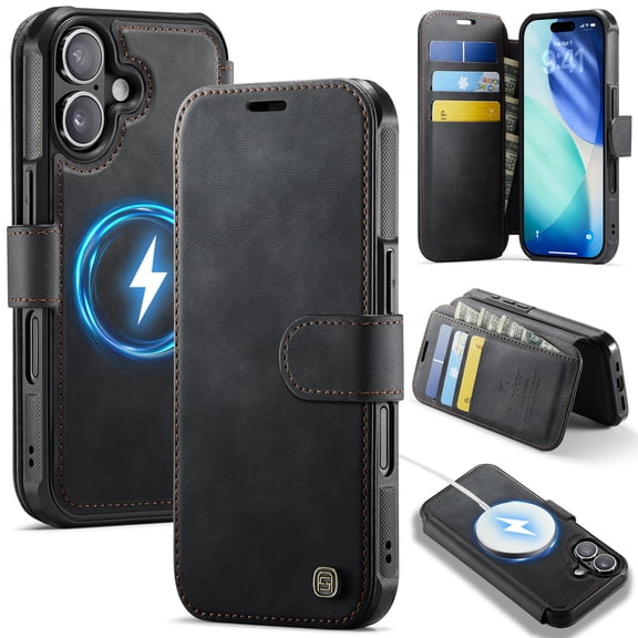 Dteck Magnetic Wallet Case for iPhone 16, Shockproof Leather+TPU Card Slots RFID Blocking Case Compatible with Mag Safe Kickstand Flip Cover , Black
