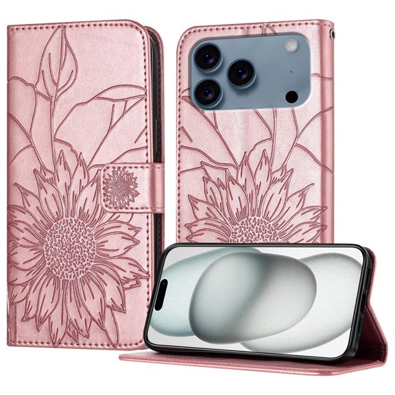 Dteck Magnetic Wallet Case for iPhone 17 Pro,Flower Pattern Leather Case Built-in Card Slots Shockproof Kickstand Cover for iPhone 17 Pro,Rosegold