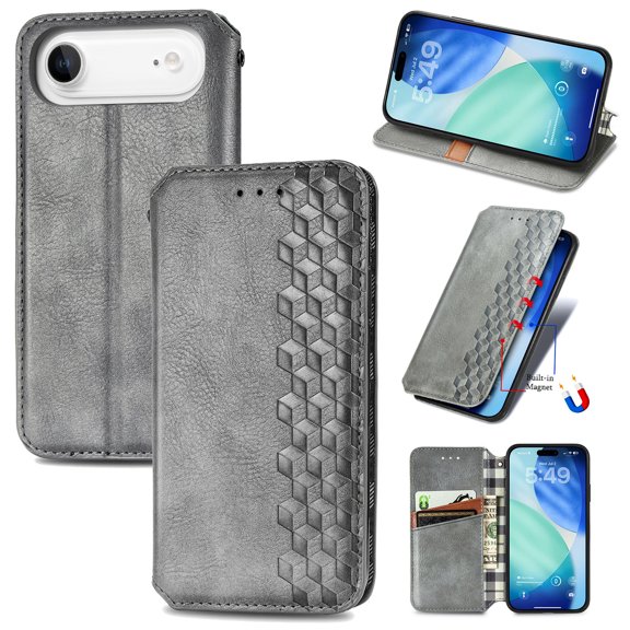 Dteck Magnetic Wallet Case for iPhone Air, Shockproof PU Leather Flip Card Slots Stand TPU Bumper Slim Protective Cover, Gray
