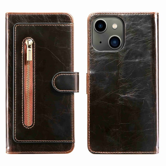 Dteck Magnetic Wallet Case for iPhone 13 Mini, Compatible with MagSafe Charger,PU Leather Zipper Folio Flip Protective Case with Magnetic Closure and Card Holder (Brown)