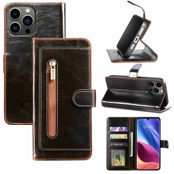 Dteck Magnetic Wallet Case for iPhone 13 Pro Max, Compatible with MagSafe Charger,PU Leather Zipper Folio Flip Protective Case with Magnetic Closure and Card Holder (Brown)