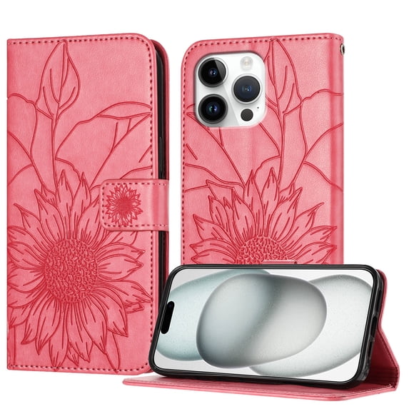 Dteck Magnetic Wallet Case for iPhone 16 Pro Max,Flower Pattern Leather Case Built-in Card Slots Shockproof Kickstand Cover for iPhone 16 Pro Max,Rose