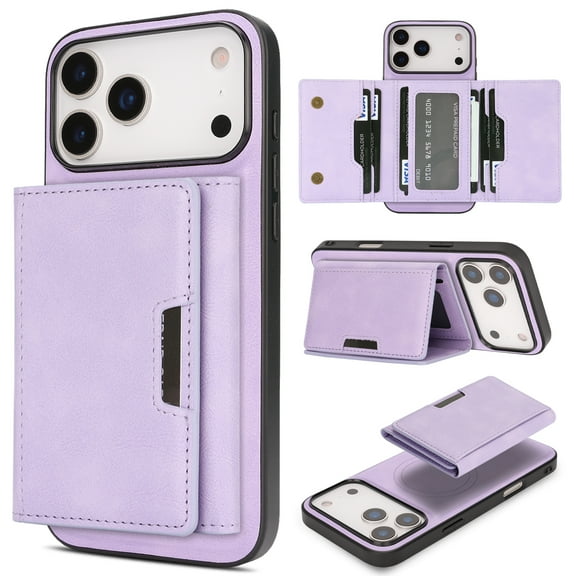 Dteck Magnetic Wallet Case for iPhone 17 Pro, 2 in 1 Detachable for Mag Safe Compatible PU Leather Phone Case with Card Holder and Stand, Shockproof Protective Cover for Men and Women, Purple