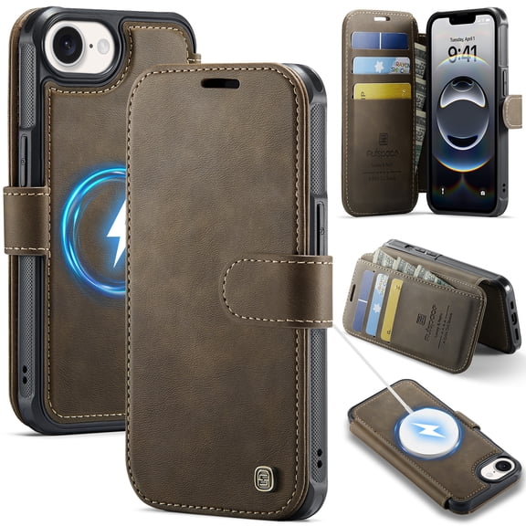 Dteck Magnetic Wallet Case for iPhone 17e, iPhone 16e Shockproof Leather+TPU Card Slots RFID Blocking Case Compatible with Mag Safe Kickstand Flip Cover for iPhone 17e/16e , Brown