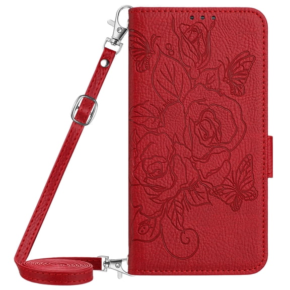 Dteck Magnetic Wallet Crossbody Case for Google Pixel 7,Flower Pattern Leather RFID Blocking Card Slots Cash Pocket Case Shockproof Kickstand Cover with Shoulder Strap/Wrist Strap,Red