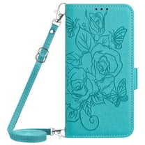 Dteck Magnetic Wallet Crossbody Case for Samsung Galaxy A26 5G,Flower Pattern Leather RFID Blocking Card Slots Cash Pocket Case Shockproof Kickstand Cover with Shoulder Strap/Wrist Strap,Blue