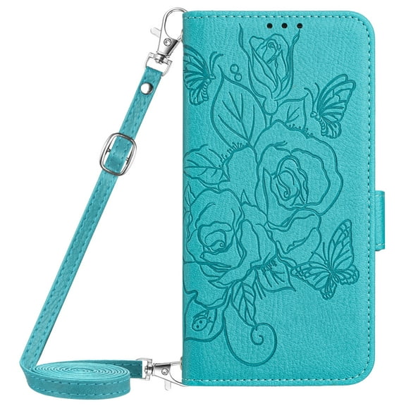 Dteck Magnetic Wallet Crossbody Case for iPhone 16 Plus,Flower Pattern Leather RFID Blocking Card Slots Cash Pocket Case Shockproof Kickstand Cover with Shoulder Strap/Wrist Strap,Blue