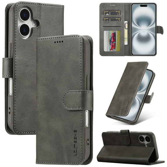 Dteck Magnetic Wallet Phone Case For iPhone 17 with Card Holder and Stand, Shockproof Synthetic Leather Cover with Full Body Protection and Magnetic Clasp, Gray