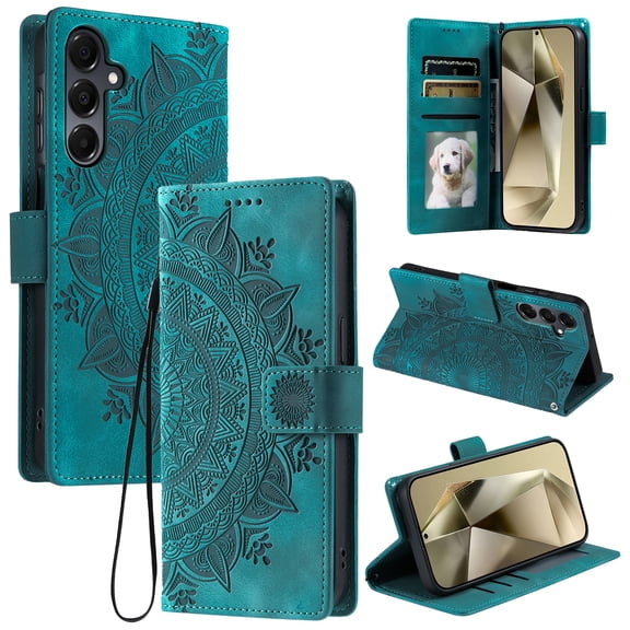 Dteck Magnetic Wallet Pocket Case for Samsung Galaxy S26, Shockproof Embossed PU Leather Flip Wallet Folio Card Slot Kickstand Hand Strap Cover, Green