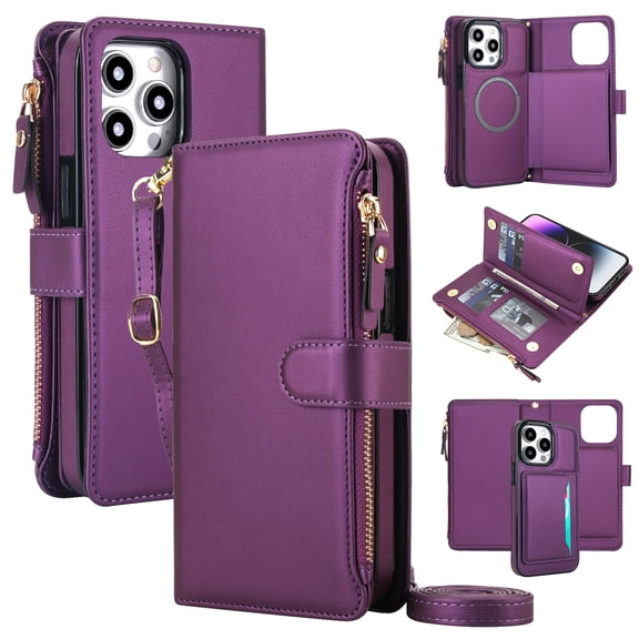 Dteck Magnetic Zipper Wallet Flip Case for Apple iPhone 17 Pro with Crossbody Shoulder Strap, Shockproof Multi-Function Detachable 2-in1 RFID Blocking Card Slot and Cash Slot Cover, Dark Purple