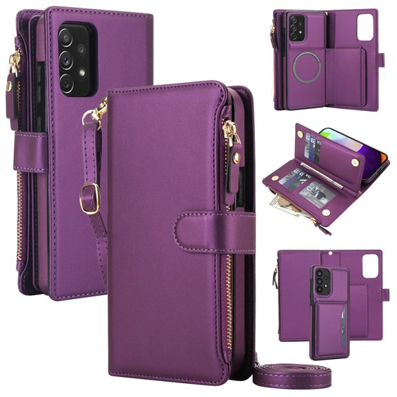 Dteck Magnetic Zipper Wallet Flip Case for Samsung Galaxy A52 5G with Crossbody Shoulder Strap, Shockproof Multi-Function Detachable 2-in1 RFID Blocking Card Slot and Cash Slot Cover, Dark Purple