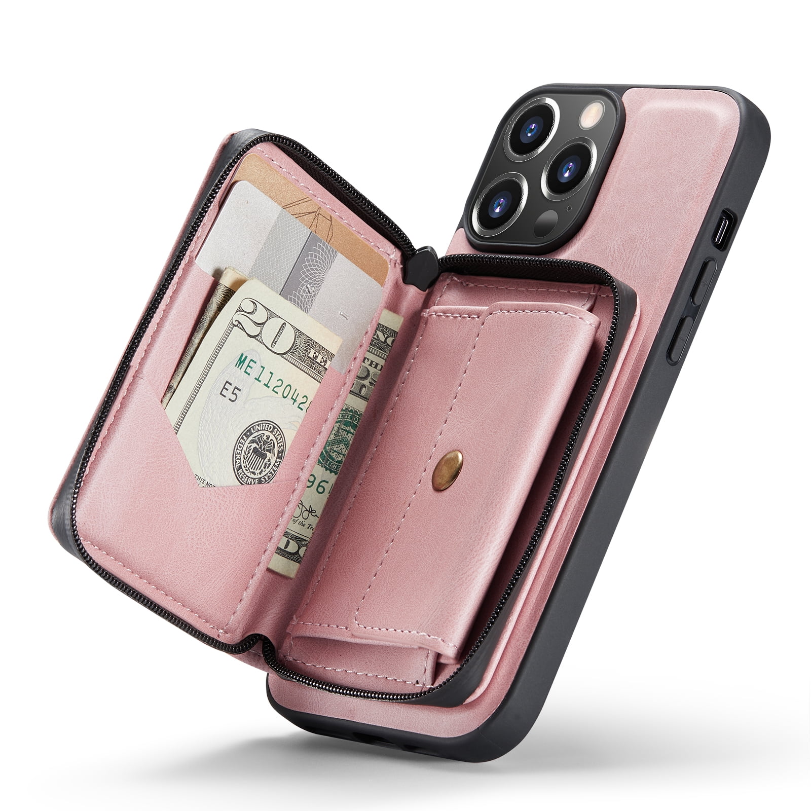 Dteck Magnetic for iPhone 14 Pro Max Zipper Wallet Case with Credit Card Holder Slot Detachable Purse PU Leather Slim Phone Cover Pink