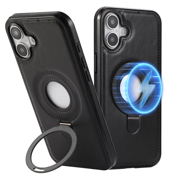 Dteck Magnetic for iPhone 16 Plus Leather Case with Invisible Stand, Compatible with MagSafe, Slim Kickstand Phone Cover for iPhone 16 Plus,Black
