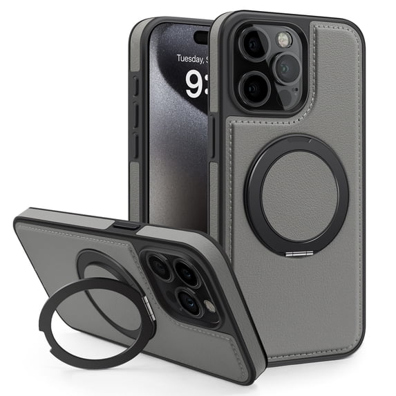 Dteck Magnetic for iPhone 11 Pro Max Leather Case,360° Adjustable Ring Stand Case Compatible with Magsafe Shockproof Protective Slim Phone Cover for Men Women,Gray