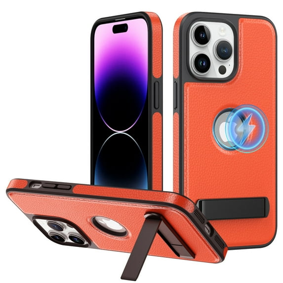 Dteck Magnetic for iPhone 13 Pro Leather Case, Built-in Invisible Stand, Compatible with MagSafe, Protective Slim Kickstand Anti-Slip Phone Cover for iPhone 13 Pro,Orange