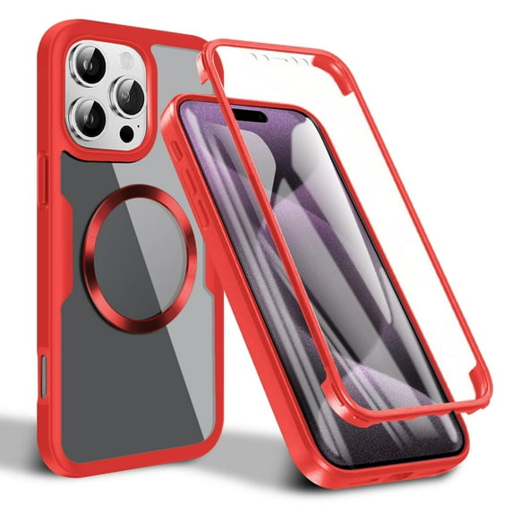 Dteck Magnetic for iPhone 13 Pro Max Case Compatible with MagSafe, Built-in Screen Protector Camera Protection Double Sides Full Body Protective Clear Cover for iPhone 13 Pro Max,Red