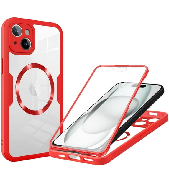 Dteck Magnetic for iPhone 14, Dustproof Design Compatible with MagSafe, Built-in Screen Protector Camera Protection Double Sides Full Body Protective Clear Cover for iPhone 14,Red