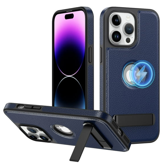 Dteck Magnetic for iPhone 14 Leather Case, Built-in Invisible Stand, Compatible with MagSafe, Protective Slim Kickstand Anti-Slip Phone Cover for iPhone 14,Blue