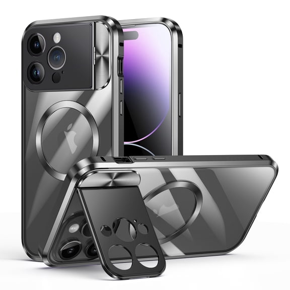 Dteck Magnetic for iPhone 14 Pro Max Case with Stand, MagSafe Compatible Case with Camera Cover, Metal Aluminum Alloy Bumper Magnetic Case with Safety Lock,Black