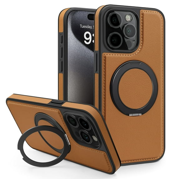 Dteck Magnetic for iPhone 14 Pro Max Leather Case,360° Adjustable Ring Stand Case Compatible with Magsafe Shockproof Protective Slim Phone Cover for Men Women,Brown