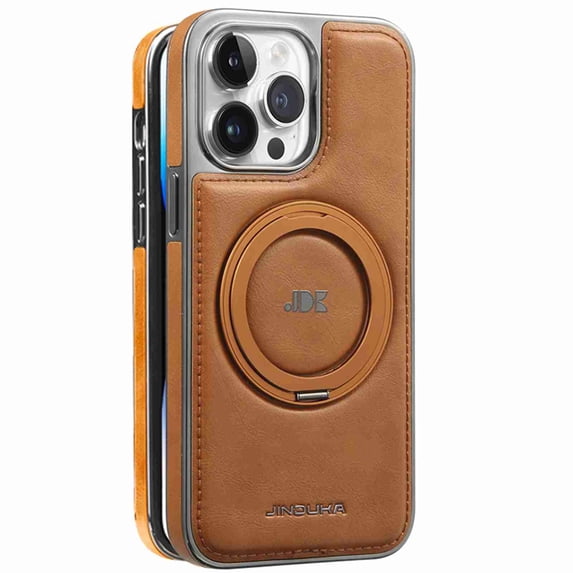 Dteck Magnetic for iPhone 15 Plus PU Leather Case, Invisible Ring Stand Compatible with Magsafe Accessory Slim Kickstand Rugged Back Phone Cover, Brown