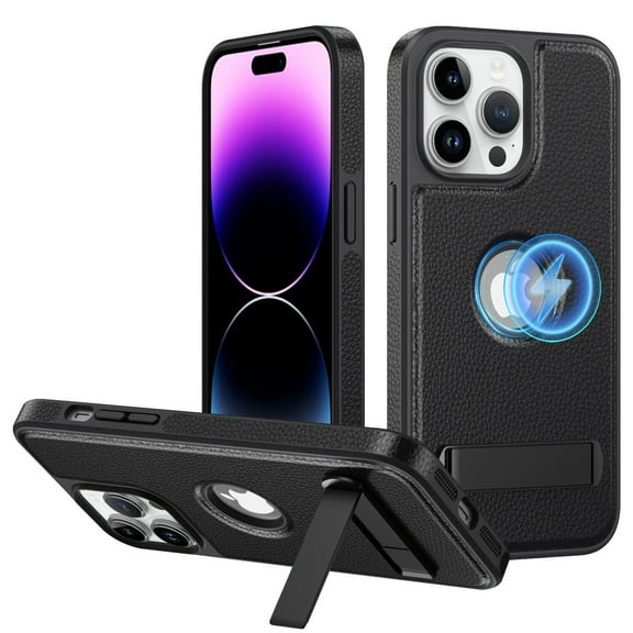 Dteck Magnetic for iPhone 15 Pro Leather Case, Built-in Invisible Stand, Compatible with MagSafe, Protective Slim Kickstand Anti-Slip Phone Cover for iPhone 15 Pro,Black