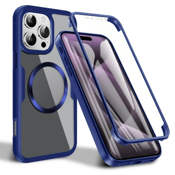 Dteck Magnetic for iPhone 15 Pro Max Case Compatible with MagSafe, Built-in Screen Protector Camera Protection Double Sides Full Body Protective Clear Cover for iPhone 15 Pro Max,Blue