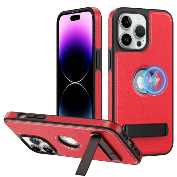 Dteck Magnetic for iPhone 15 Pro Max Leather Case, Built-in Invisible Stand, Compatible with MagSafe, Protective Slim Kickstand Anti-Slip Phone Cover for iPhone 15 Pro Max,Red