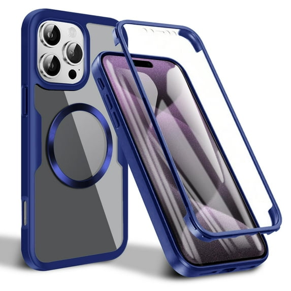 Dteck Magnetic for iPhone 16 Case Compatible with MagSafe, Built-in Screen Protector Camera Protection Double Sides Full Body Protective Clear Cover for iPhone 16,Blue