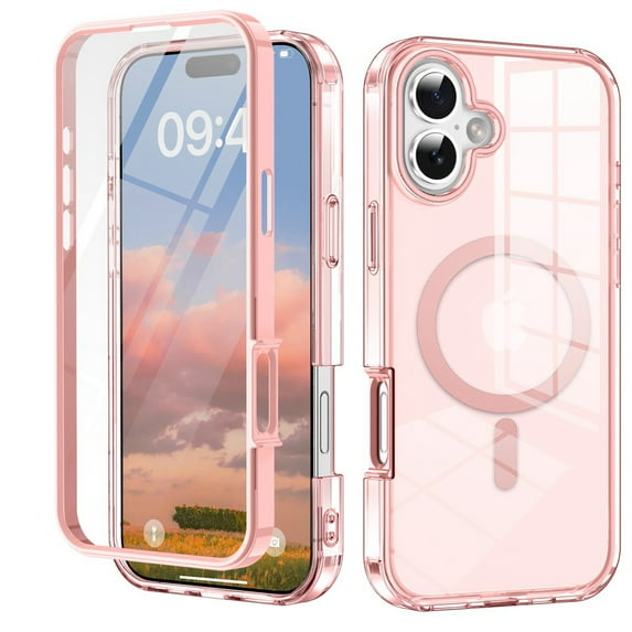 Dteck Magnetic for iPhone 16 Case Full-Body Built-in Screen Protector, Compatible with MagSafe, Military Drop Proof Dual Layer Clear Protective Phone Cover for iPhone 16,Pink