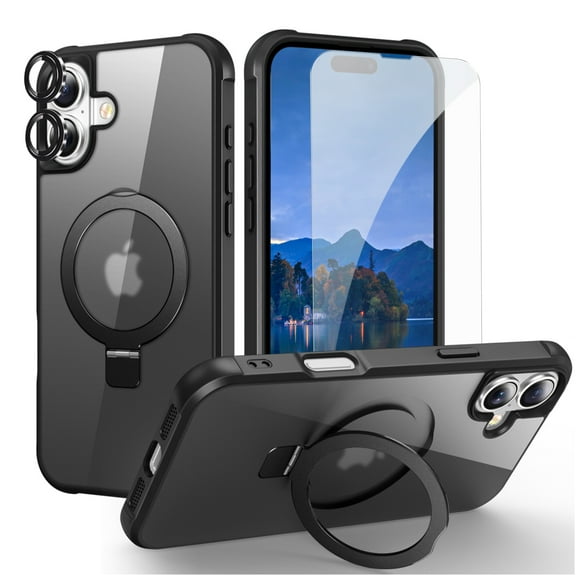 Dteck Magnetic for iPhone 16 Case with Screen Protector Camera Lens Cover, Compatible with MagSafe, Military Grade Drop Ring Holder Translucent Slim Hard Back Soft Edge,Black
