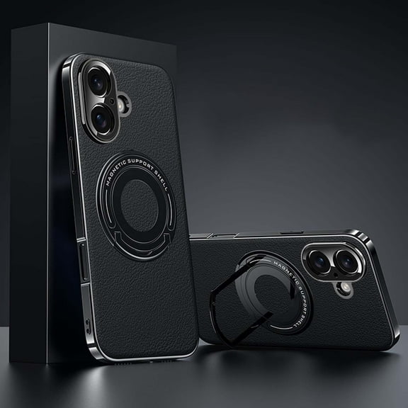 Dteck Magnetic for iPhone 16 Leather Case with Invisible Stand, Compatible with MagSafe, Electroplated Bumper with Leather Back Shockproof Phone Cover iPhone 16,Black