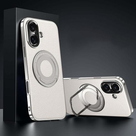 Dteck Magnetic for iPhone 16 Leather Case with Invisible Stand, Compatible with MagSafe, Electroplated Bumper with Leather Back Shockproof Phone Cover iPhone 16,White