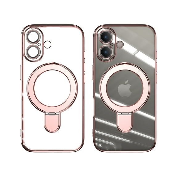 Dteck Magnetic for iPhone 16 Plus Case with Invisible Stand Compatible with MagSafe, Full Camera Lens Protector Plating Bumper Shockproof Not Yellowing Clear Cover for iPhone 16 Plus,Rosegold