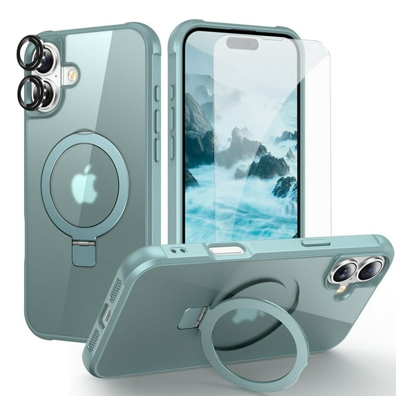 Dteck Magnetic for iPhone 16 Plus Case with Screen Protector Camera Lens Cover, Compatible with MagSafe, Military Grade Drop Ring Holder Translucent Slim Hard Back Soft Edge,Blue