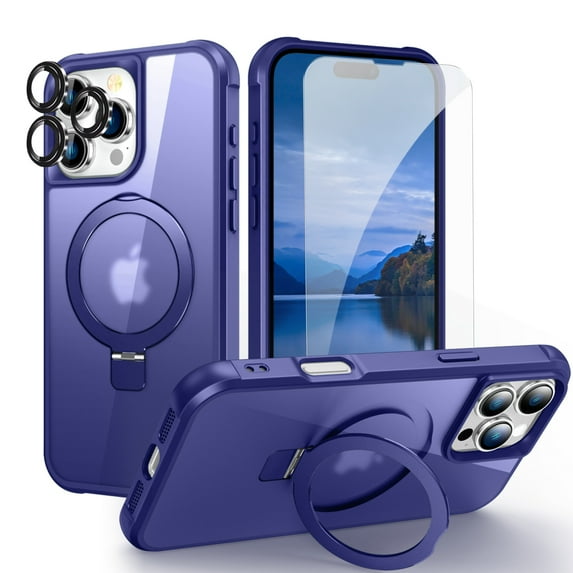 Dteck Magnetic for iPhone 16 Pro Max Case with Screen Protector Camera Lens Cover, Compatible with MagSafe, Military Grade Drop Ring Holder Translucent Slim Hard Back Soft Edge,Dark Blue
