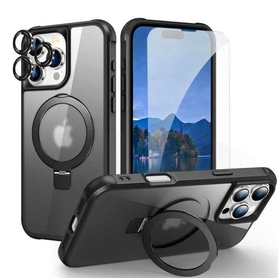 Dteck Magnetic for iPhone 16 Pro Max Case with Screen Protector Camera Lens Cover, Compatible with MagSafe, Military Grade Drop Ring Holder Translucent Slim Hard Back Soft Edge,Black