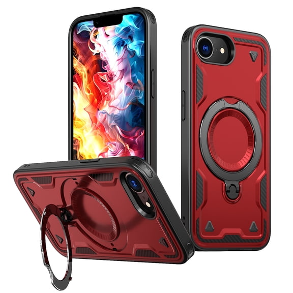 Dteck Magnetic for iPhone 17e / iPhone 16e Case with Kickstand, Shockproof TPU+PC Case Compatible with MagSafe Military Grade Ring Stand Heavy Duty Drop Rugged Cover for iPhone 16e/17e,Red