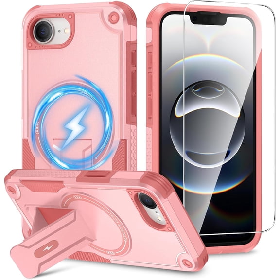 Dteck Magnetic for iPhone 16e Case with Screen Protector, Compatible with MagSafe, Heavy Duty Shockproof Rugged with Invisible Kickstand Protective Phone Cover for Apple iPhone 16e 6.1",Pink