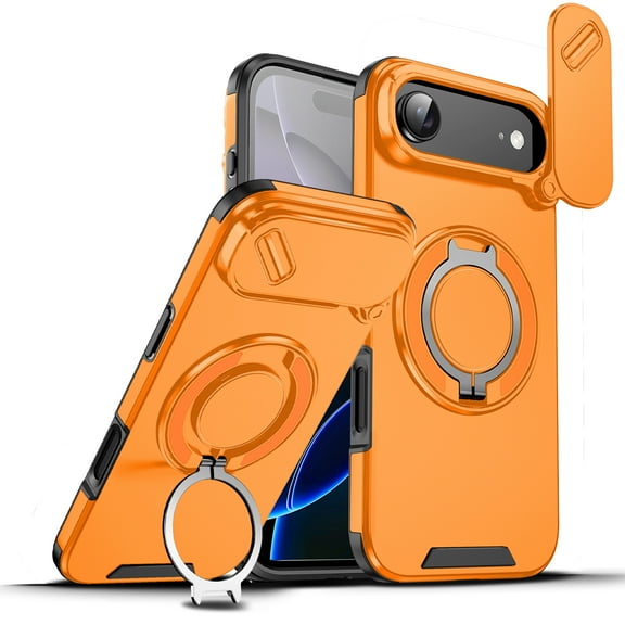 Dteck Magnetic for iPhone 17 Air Case with Camera Cover + Screen Protector, Rotated Ring Kickstand Military Grade Shockproof Protective Cover 6.5 Inch,Orange