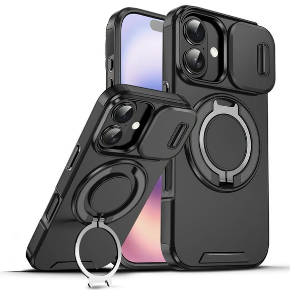 Dteck Magnetic for iPhone 17 Case with Camera Cover + Screen Protector, Rotated Ring Kickstand Military Grade Shockproof Protective Cover 6.3 Inch,Black