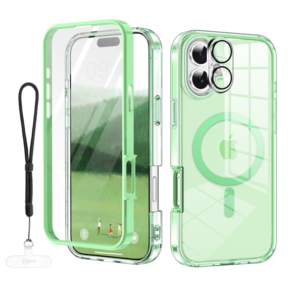 Dteck Magnetic for iPhone 17 Case, Compatible with MagSafe Built-in Touch Sensitive Anti-Scratch Screen Protector, Camera Lens Cover with Wrsit Strap for iPhone 17 6.3 Inch,Green