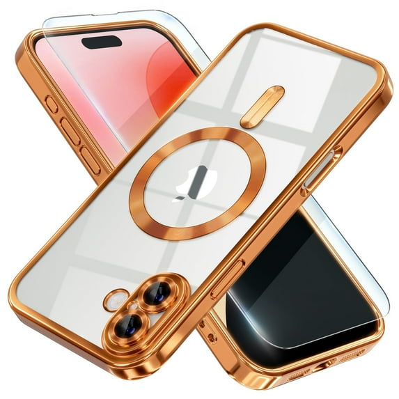 Dteck Magnetic for iPhone 17 Case with Screen Protector, Compatible with MagSafe, Non Yellowing Slim Plating Soft Clear Phone Cover with Full Camera Lens Cover 6.3 Inch,Orange