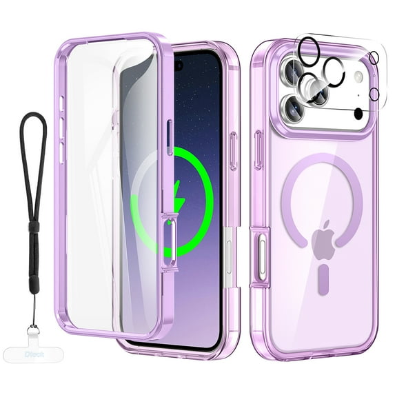 Dteck Magnetic for iPhone 17 Pro Case, Compatible with MagSafe Built-in Touch Sensitive Anti-Scratch Screen Protector, Camera Lens Cover with Strap for iPhone 17 Pro 6.3 Inch,Light Purple