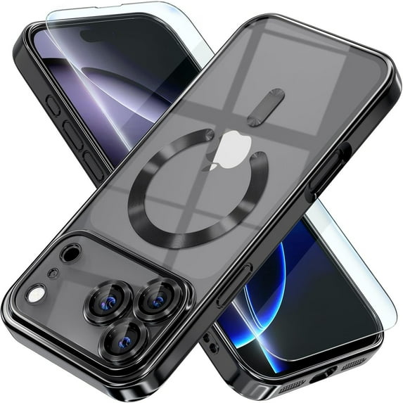 Dteck Magnetic for iPhone 17 Pro Case with Screen Protector, Compatible with MagSafe, Non Yellowing Slim Plating Soft Clear Phone Cover with Full Camera Lens Cover 6.3 Inch,Black