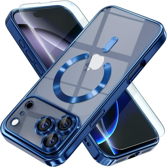 Dteck Magnetic for iPhone 17 Pro Case with Screen Protector, Compatible with MagSafe, Non Yellowing Slim Plating Soft Clear Phone Cover with Full Camera Lens Cover 6.3 Inch,Deep Blue