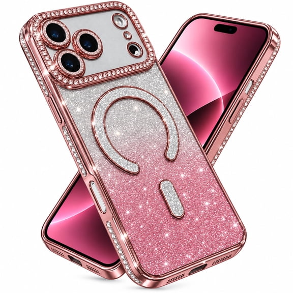 Dteck Gradient Bling Glitter Paper Magnetic Case for iPhone 17 Pro, Shockproof Compatible with Magsafe Accessory Sparkly Shiny Diamond Plated Frame Soft TPU Rubber Cover, Pink